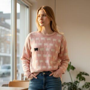 NWOT Rowing Blazers Warm & Wonderful Diana Black Sheep Wool Sweater in Pink Sz M